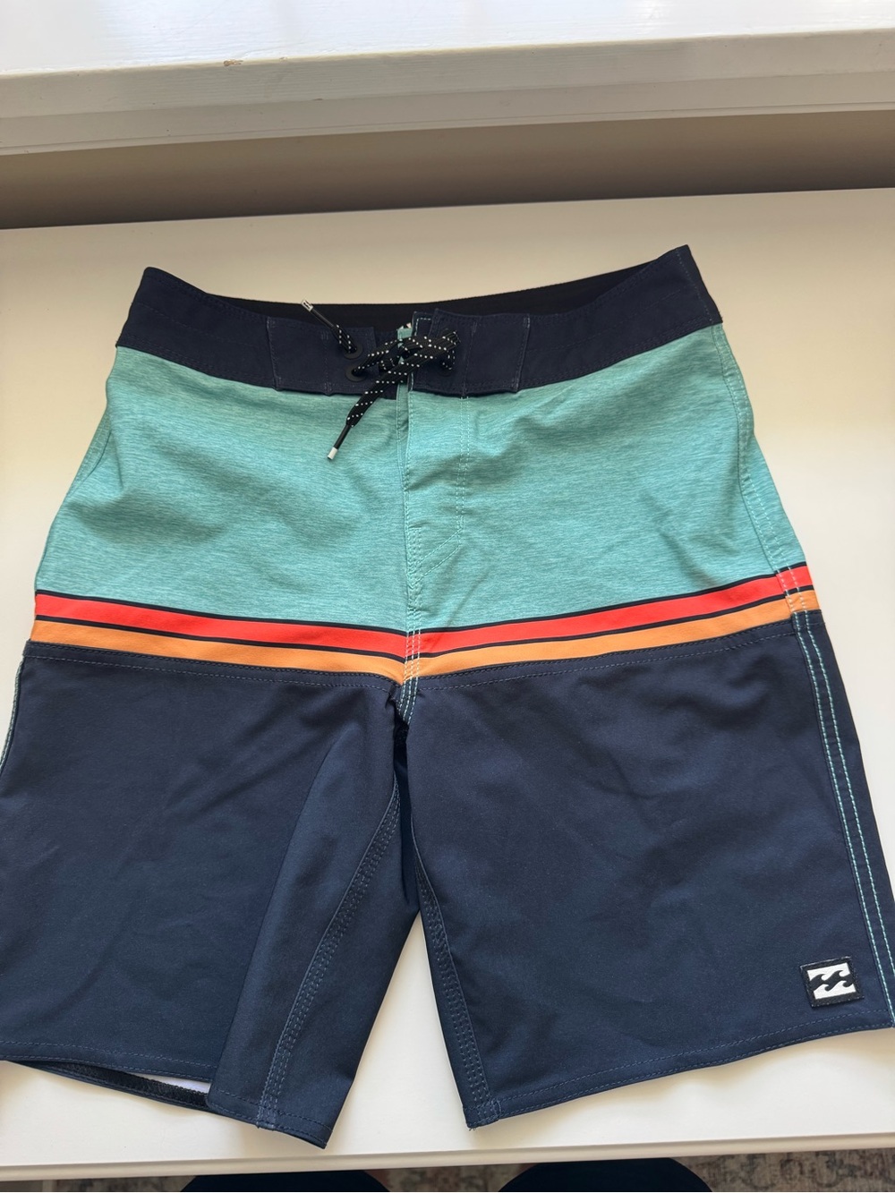 Billabong Men’s Teal, Navy and Orange Stripe Board Shorts